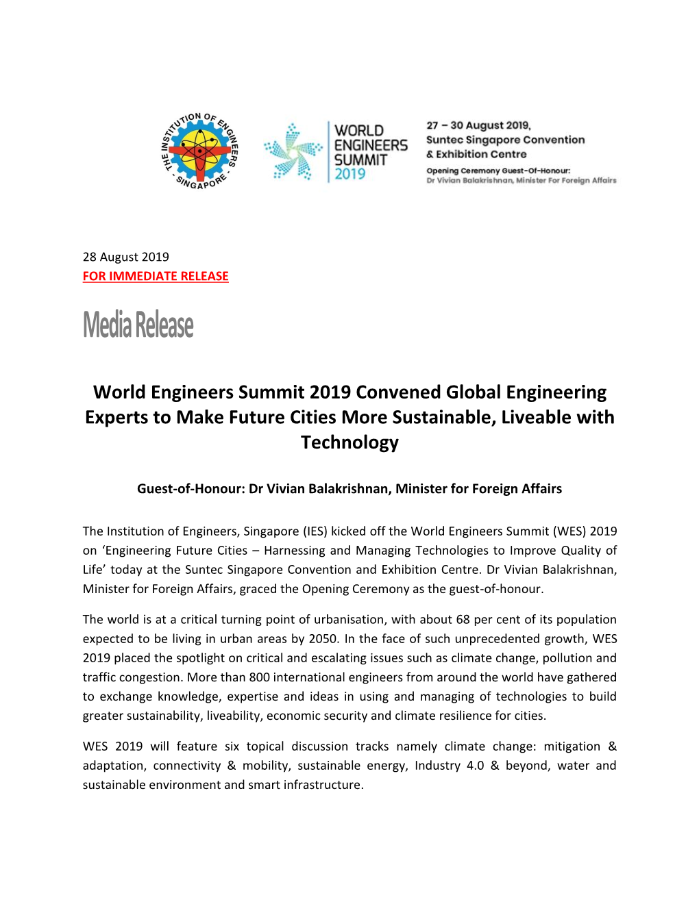 World Engineers Summit 2019 Convened Global Engineering Experts to Make Future Cities More Sustainable, Liveable with Technology