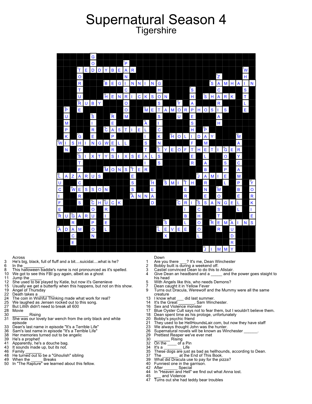 Supernatural Season Four Crossword Answers