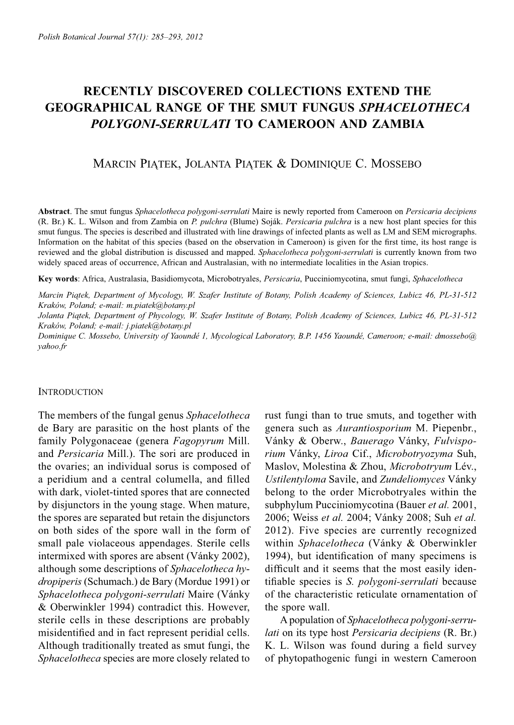 Recently Discovered Collections Extend the Geographical Range of the Smut Fungus Sphacelotheca Polygoni-Serrulati to Cameroon and Zambia