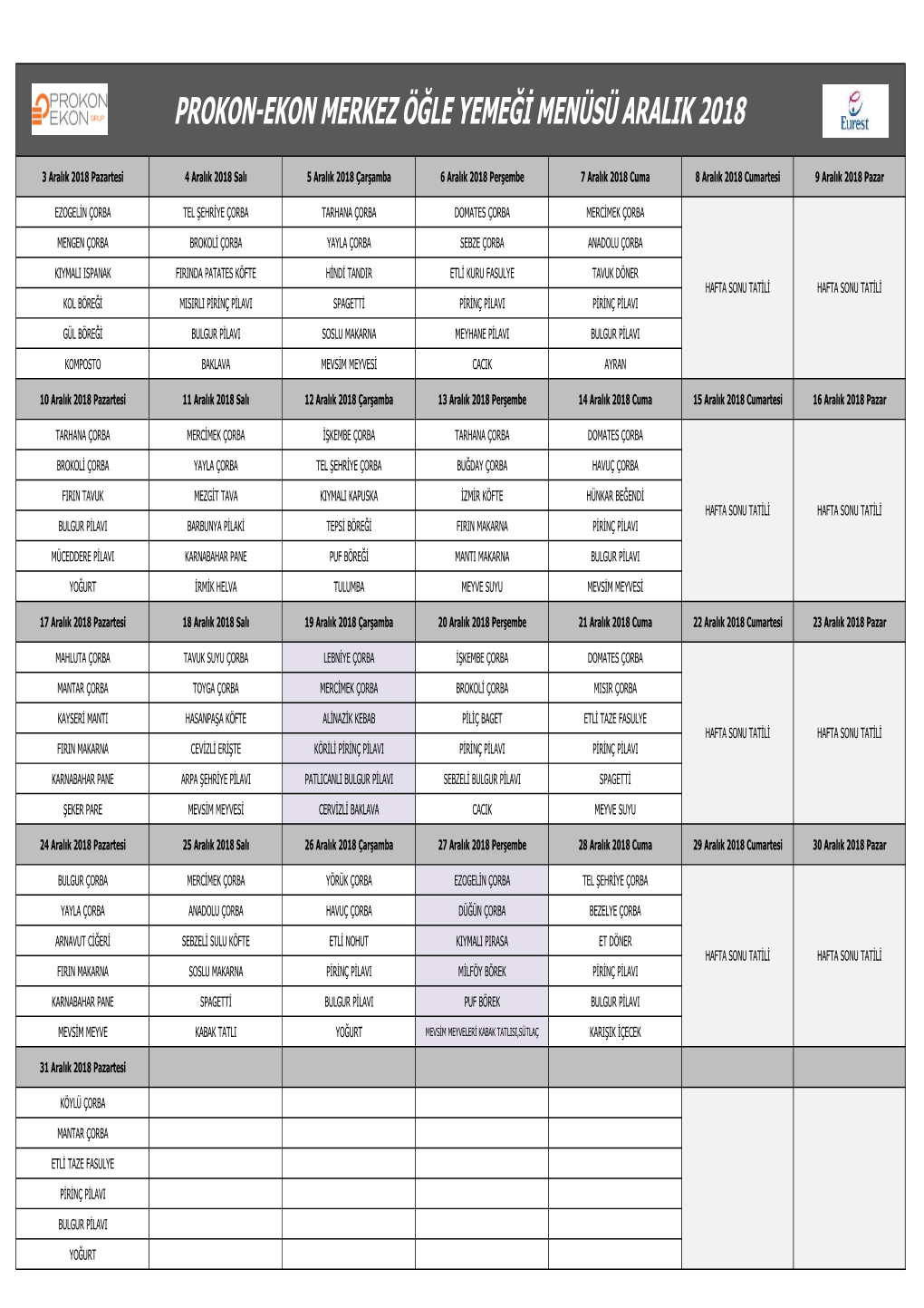 Prokon-Ekon Merkez Öğle Yemeği Menüsü Aralik 2018