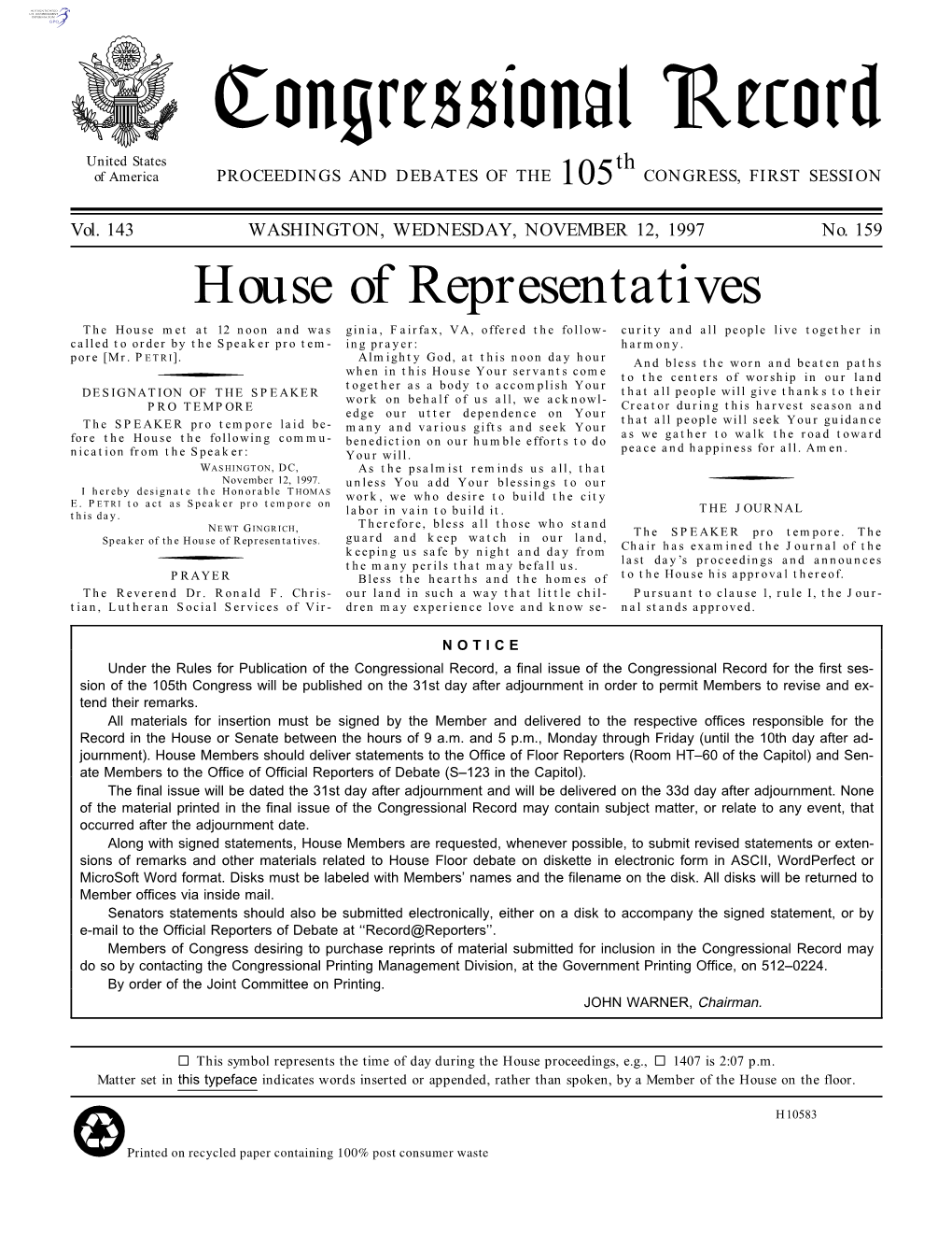 Congressional Record United States Th of America PROCEEDINGS and DEBATES of the 105 CONGRESS, FIRST SESSION