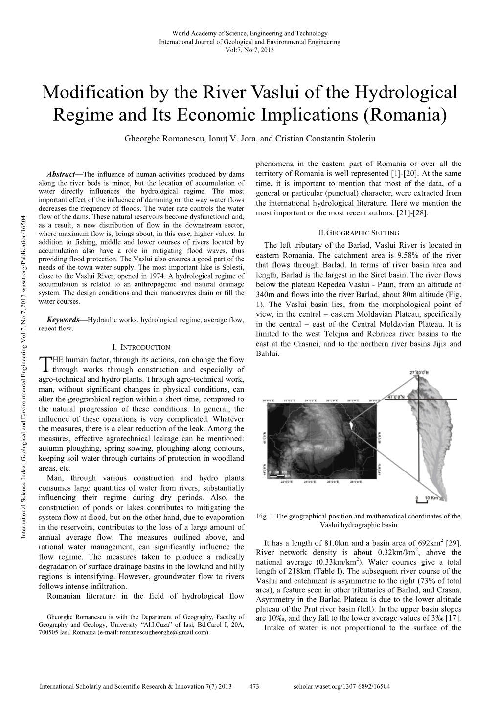 Modification by the River Vaslui of the Hydrological Regime and Its Economic Implications (Romania)