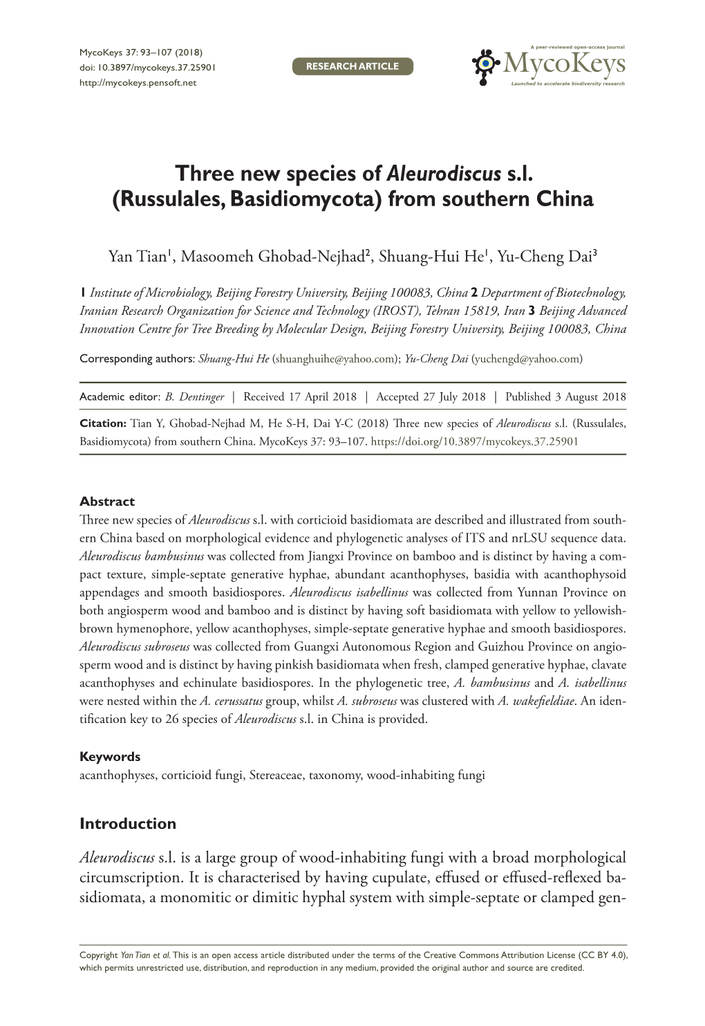 Three New Species of Aleurodiscus S.L. (Russulales, Basidiomycota) from Southern China