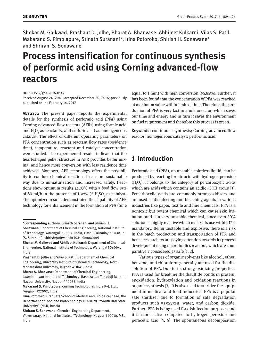 Process Intensification for Continuous Synthesis of Performic Acid Using Corning Advanced-Flow Reactors