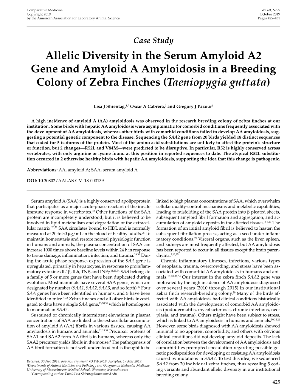 Allelic Diversity in the Serum Amyloid A2 Gene and Amyloid a Amyloidosis in a Breeding Colony of Zebra Finches (Taeniopygia Guttata)