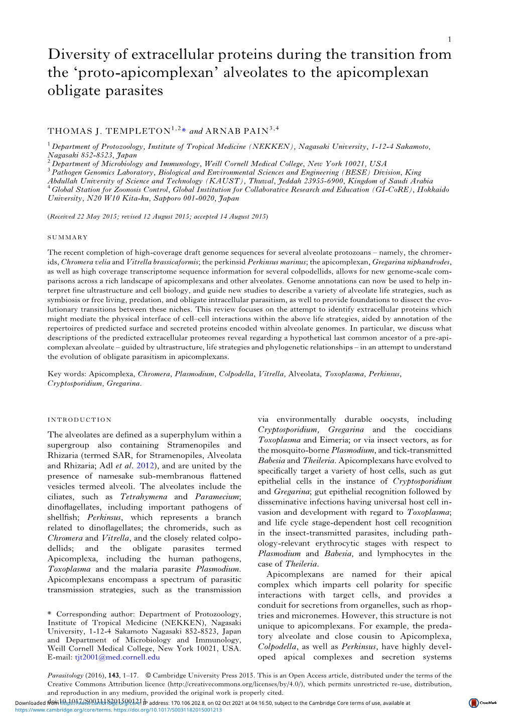 Alveolates to the Apicomplexan Obligate Parasites