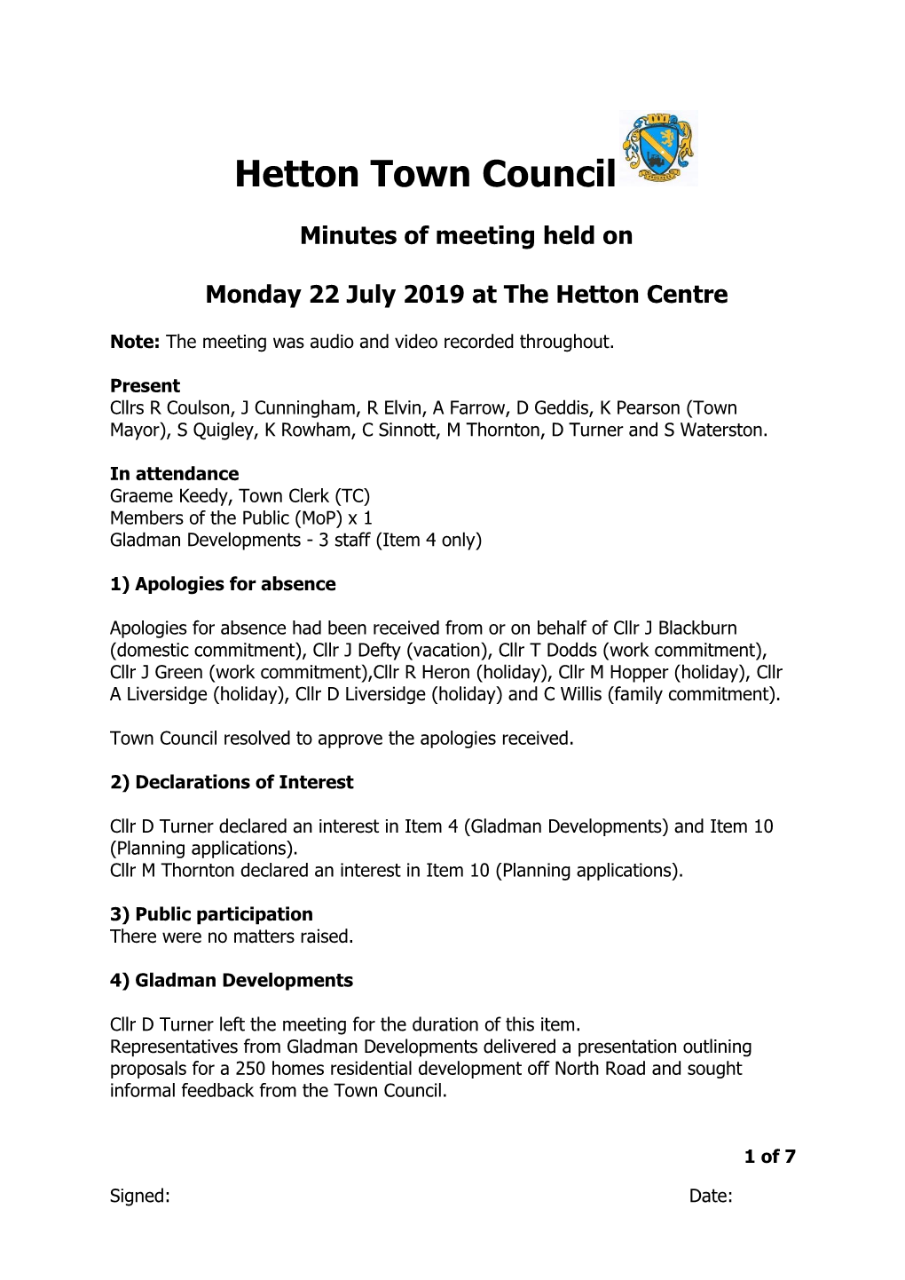 Minutes of HTC Meeting Held on Monday 22 July 2019