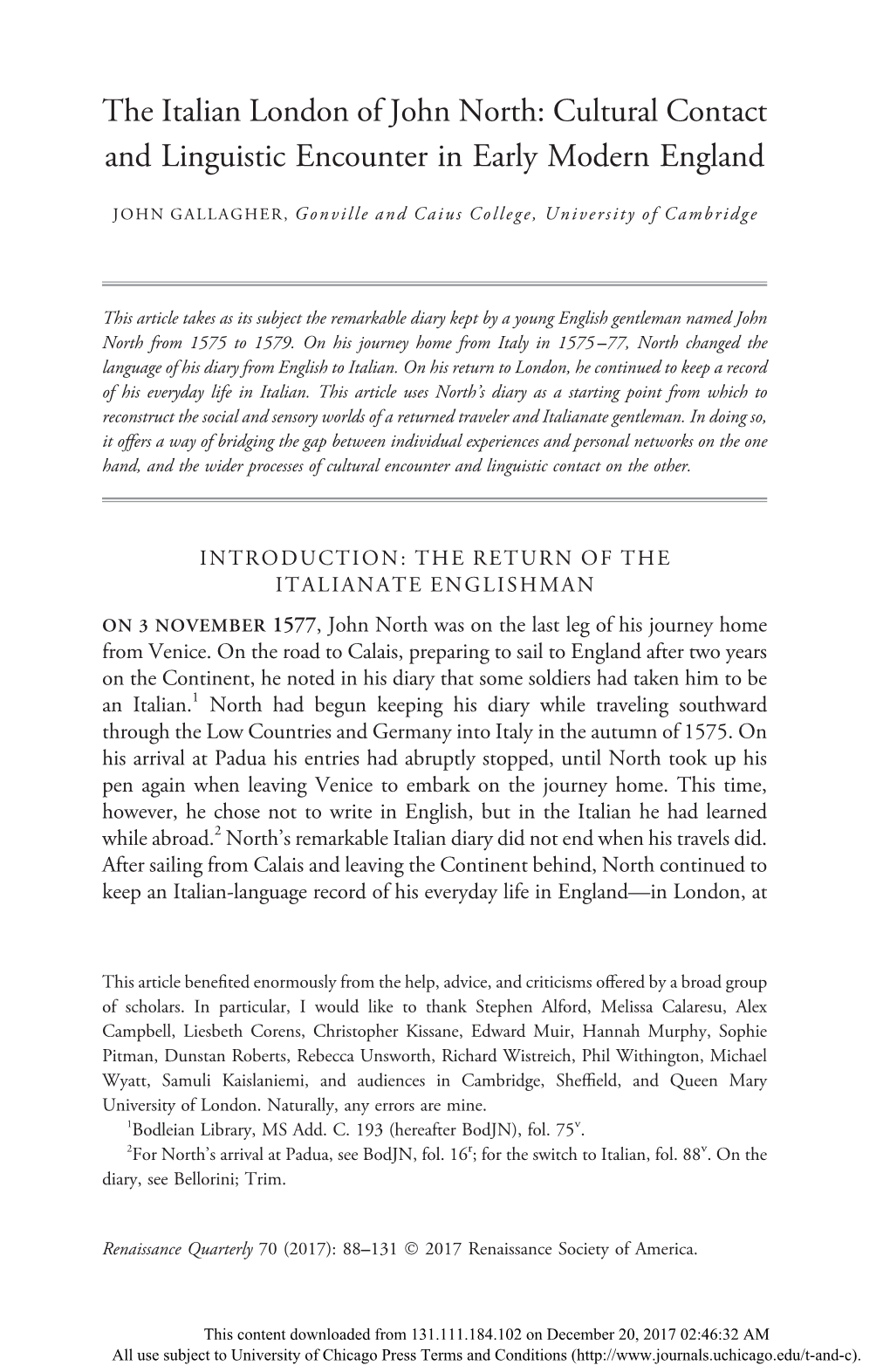 The Italian London of John North: Cultural Contact and Linguistic Encounter in Early Modern England