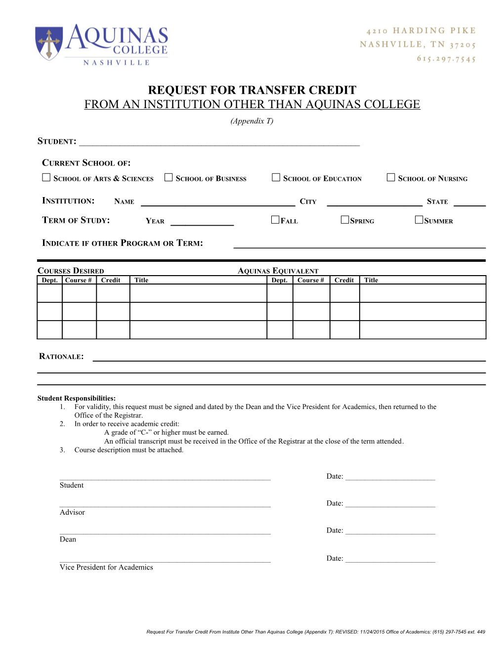 Request for Transfer Credit