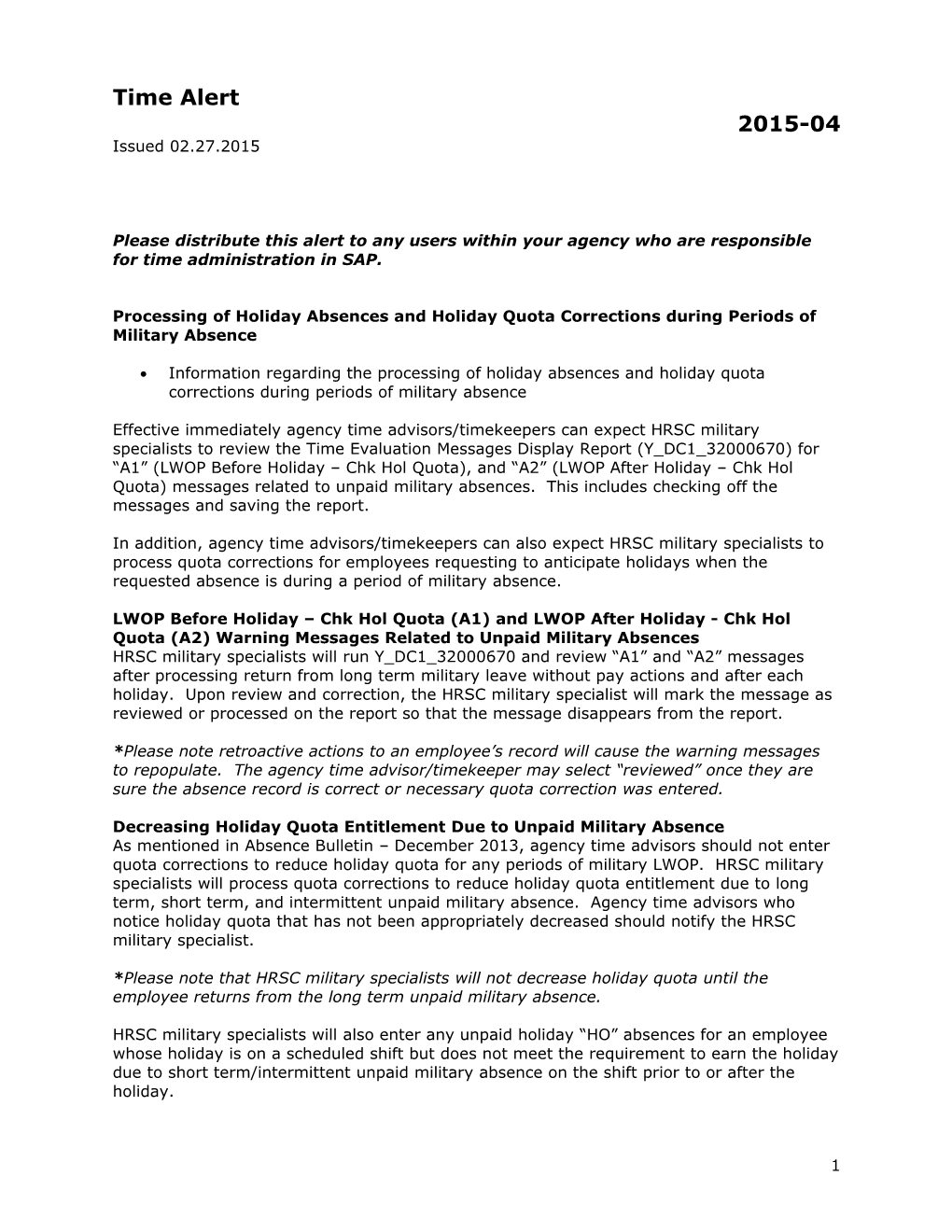 Processing of Holiday Absences and Holiday Quota Corrections During Periods of Military Absence