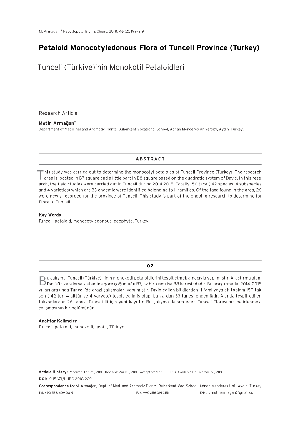 Petaloid Monocotyledonous Flora of Tunceli Province (Turkey)