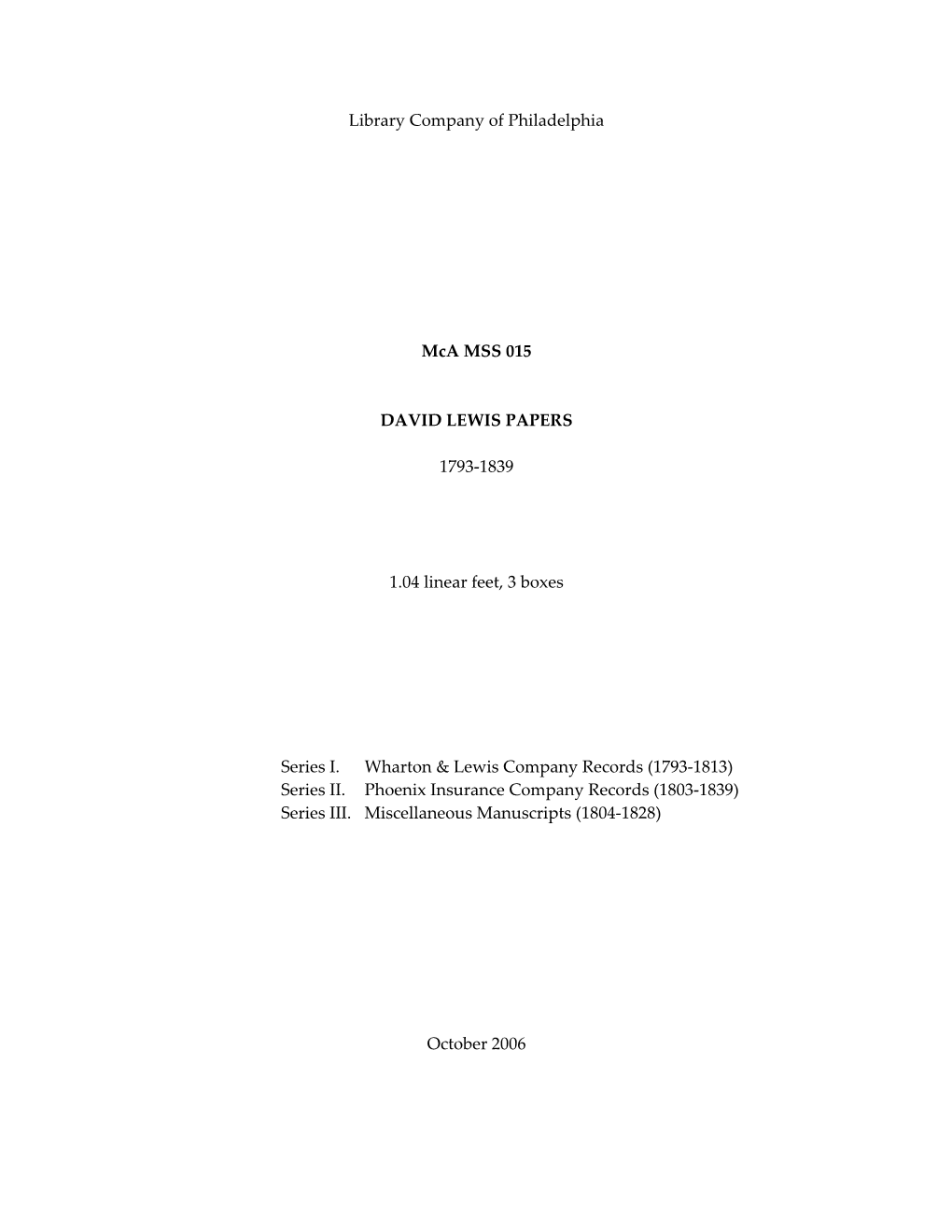 Library Company of Philadelphia Mca MSS 015 DAVID LEWIS PAPERS