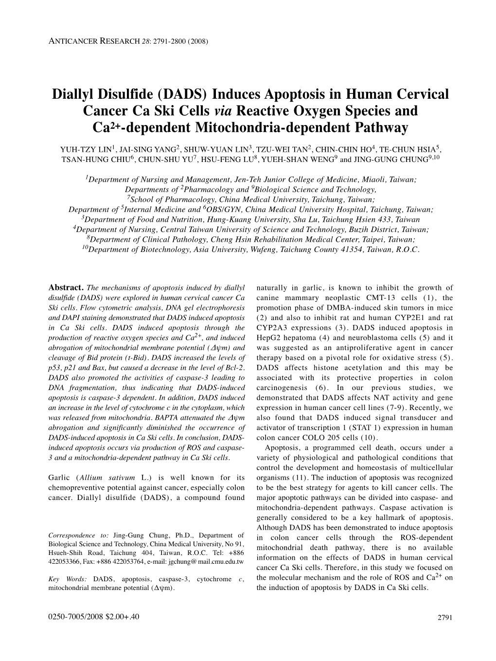 Diallyl Disulfide (DADS) Induces Apoptosis in Human Cervical