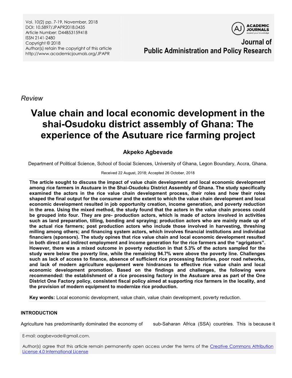 Value Chain and Local Economic Development in the Shai-Osudoku District Assembly of Ghana: the Experience of the Asutuare Rice Farming Project