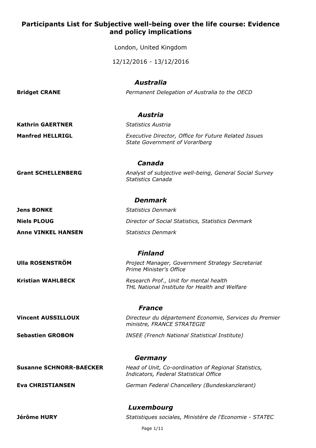 Participants List for Subjective Well-Being Over the Life Course: Evidence and Policy Implications