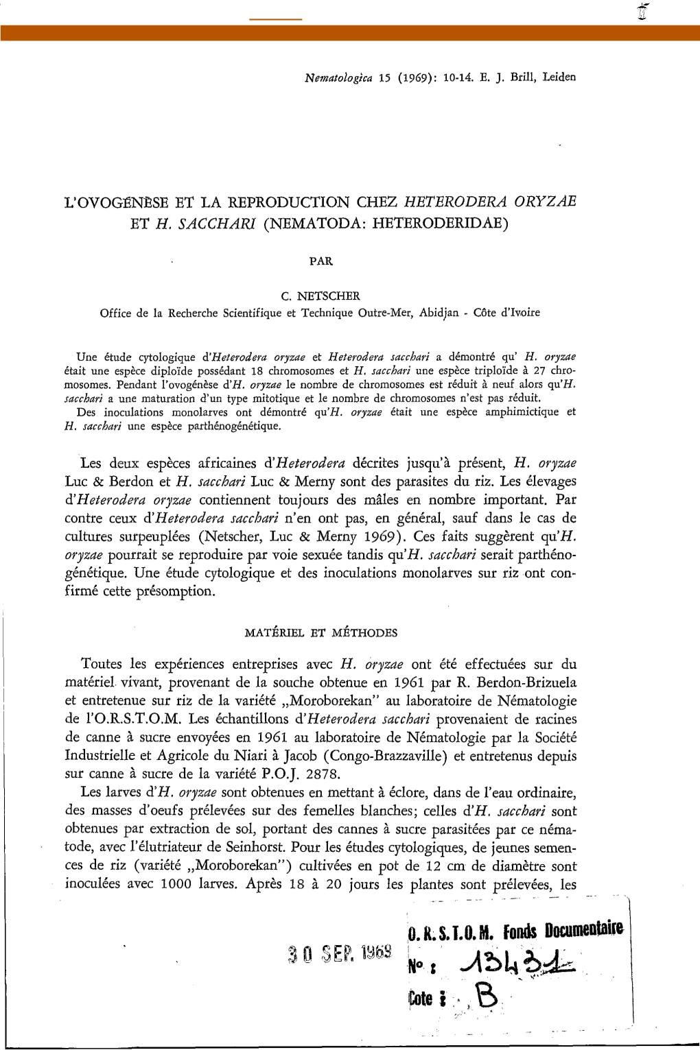 L'ovogénèse Et La Reproduction Chez Heterodera Oryzae Et H. Sacchari