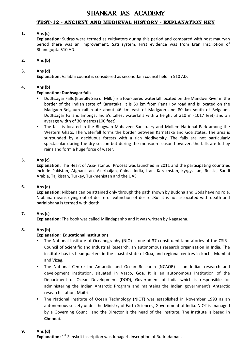 Shankar Ias Academy Test-12 - Ancient and Medieval History - Explanation Key