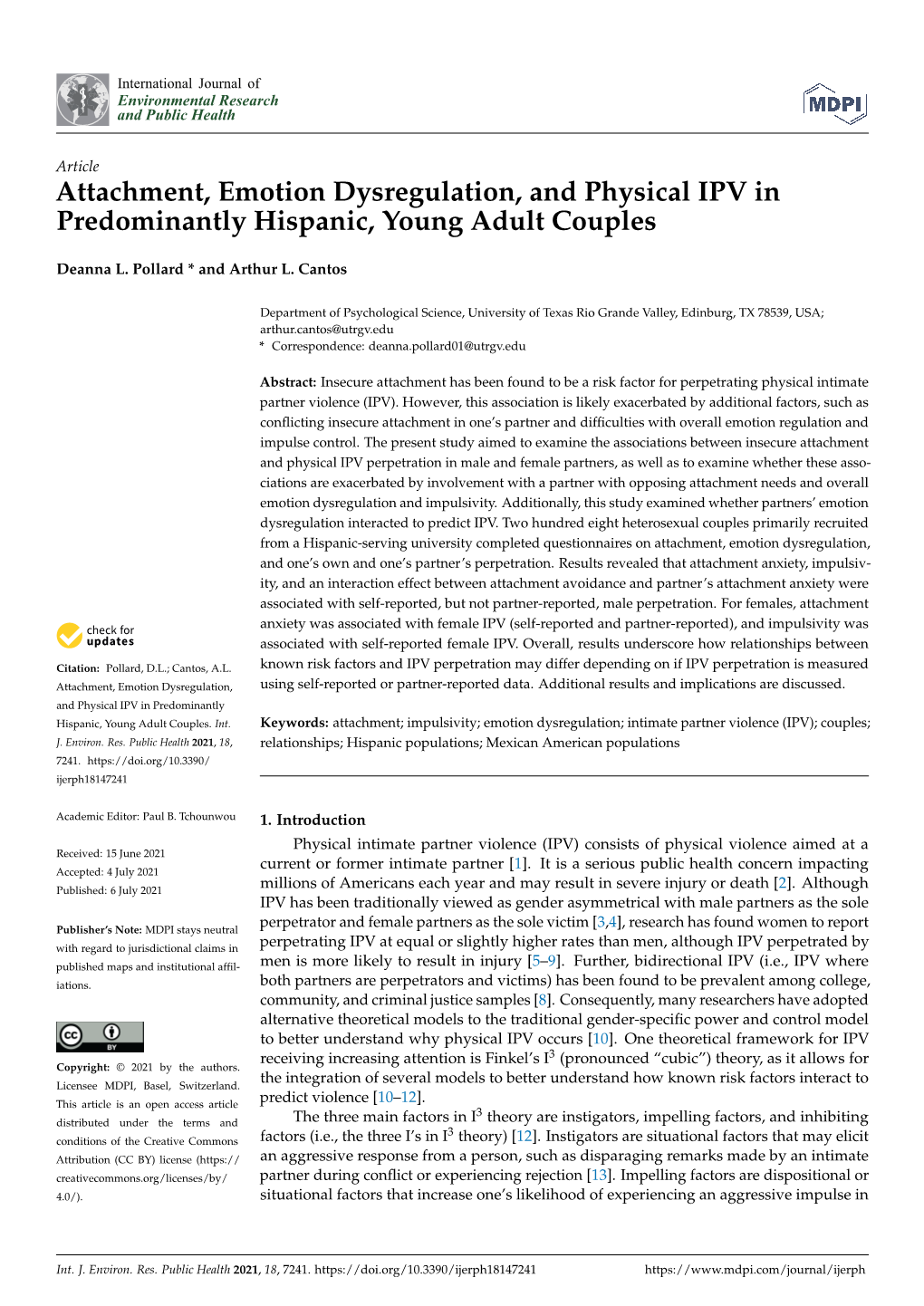 Attachment, Emotion Dysregulation, and Physical IPV in Predominantly Hispanic, Young Adult Couples