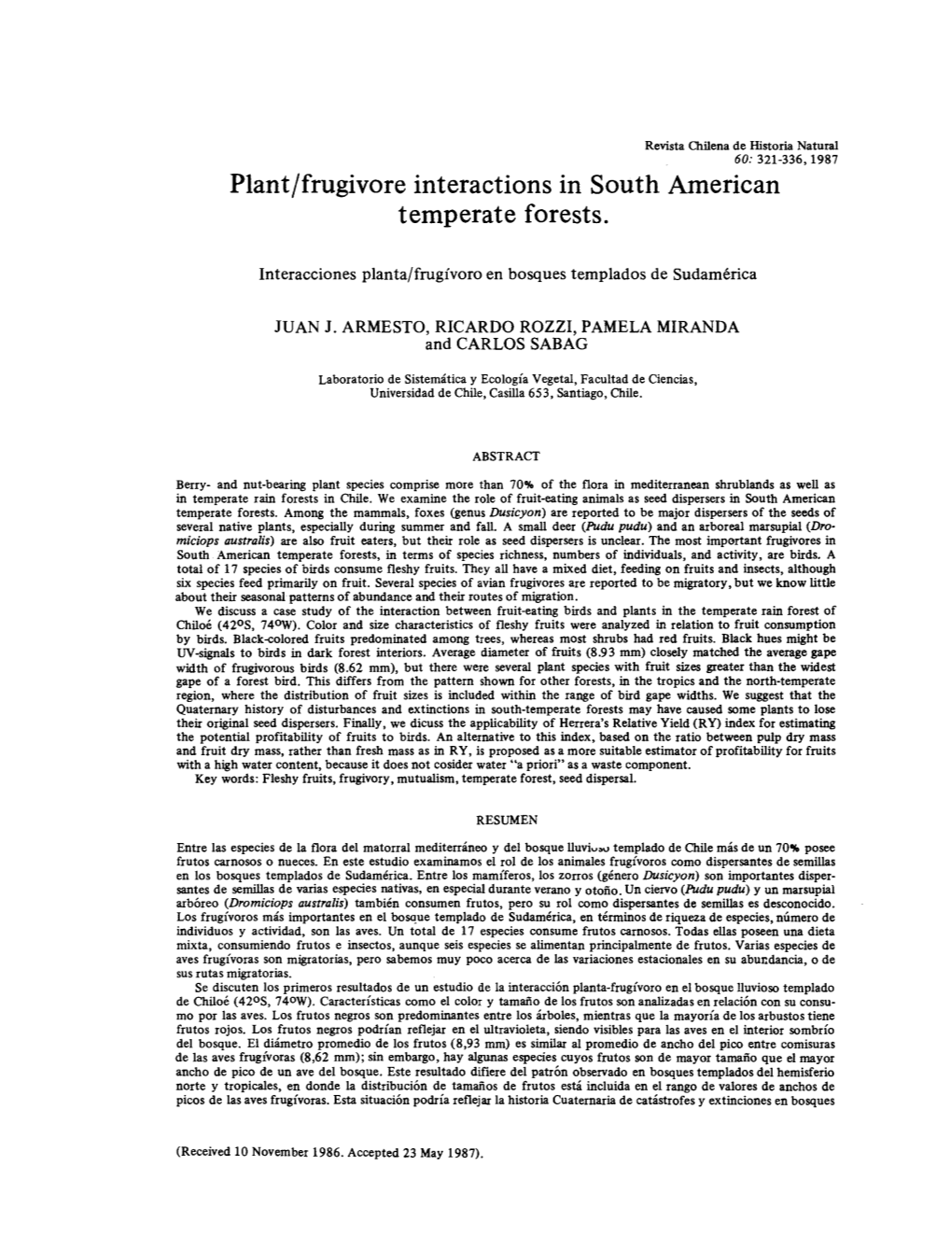 Plant/Frugivore Interactions in South American Temperate Forests