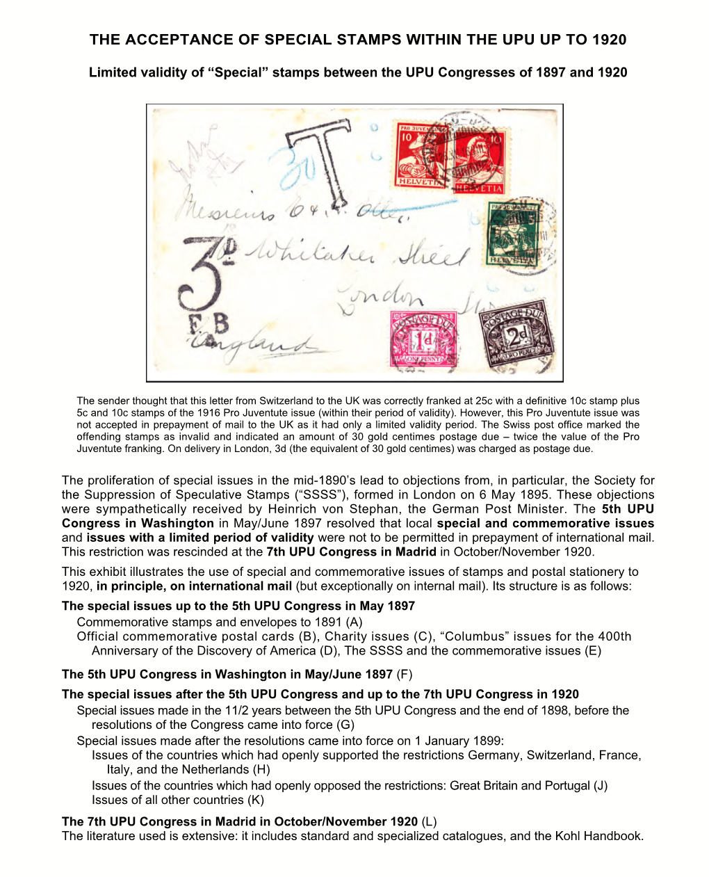 The Acceptance of Special Stamps Within the Upu up to 1920