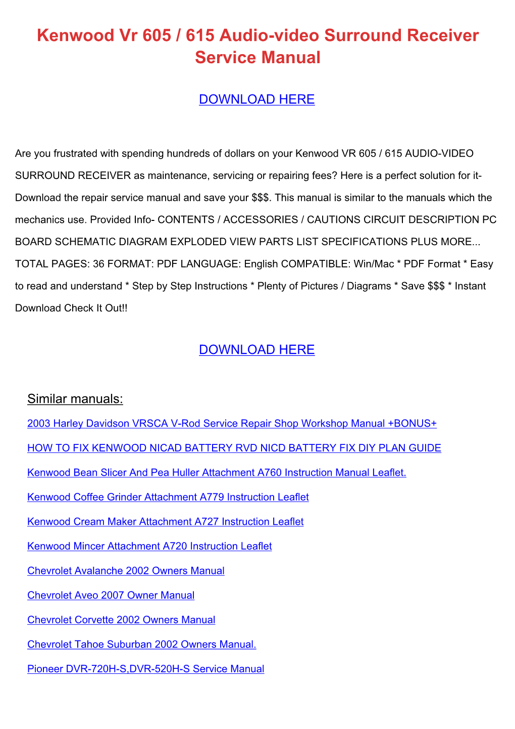 Kenwood Vr 605 / 615 Audio-Video Surround Receiver Service Manual