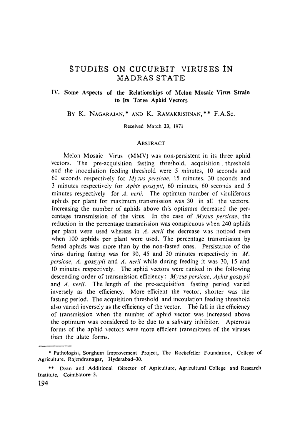Studies on Cucurbit Viruses in Madras State~Lv 205