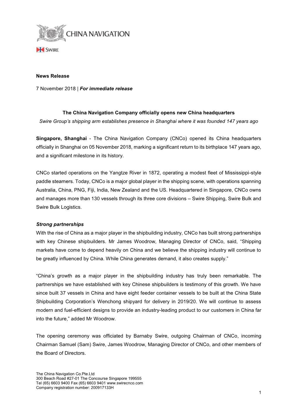 For Immediate Release the China Navigation Company Officially