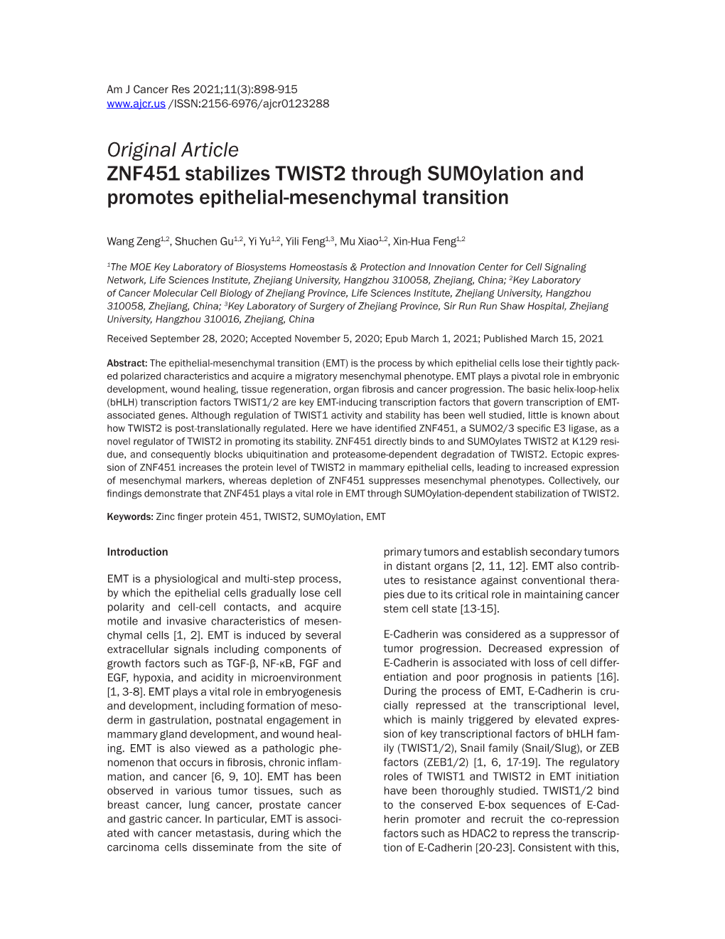 Original Article ZNF451 Stabilizes TWIST2 Through Sumoylation and Promotes Epithelial-Mesenchymal Transition