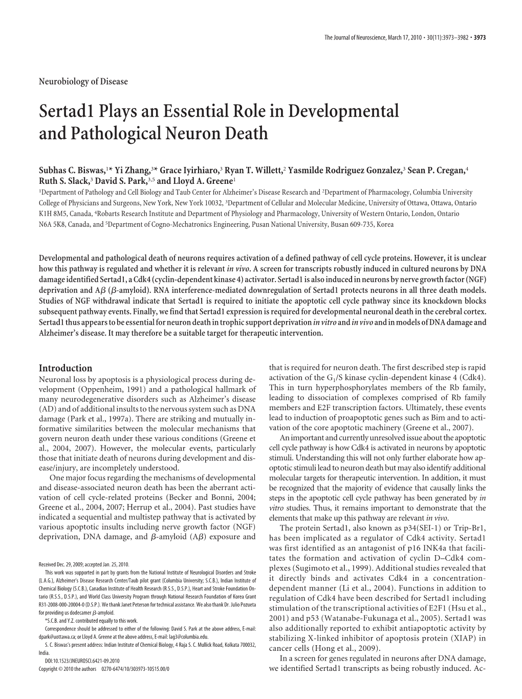 Sertad1 Plays an Essential Role in Developmental and Pathological Neuron Death