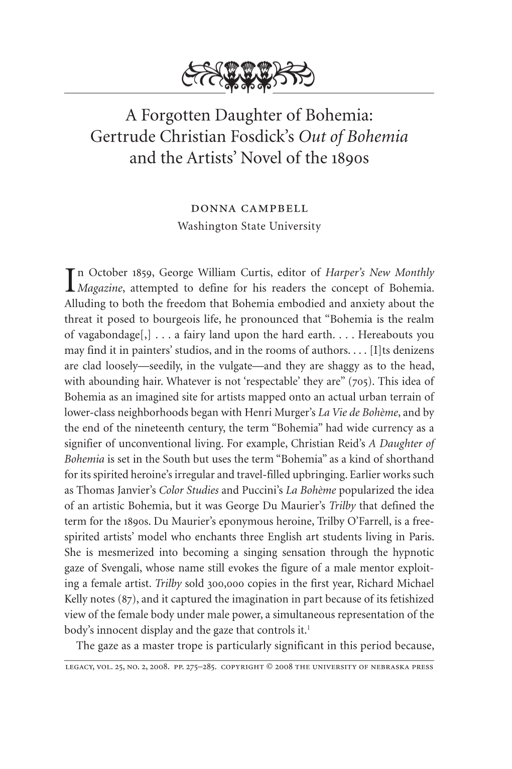 Gertrude Christian Fosdick's out of Bohemia and the Artists' Novel of the 1890S