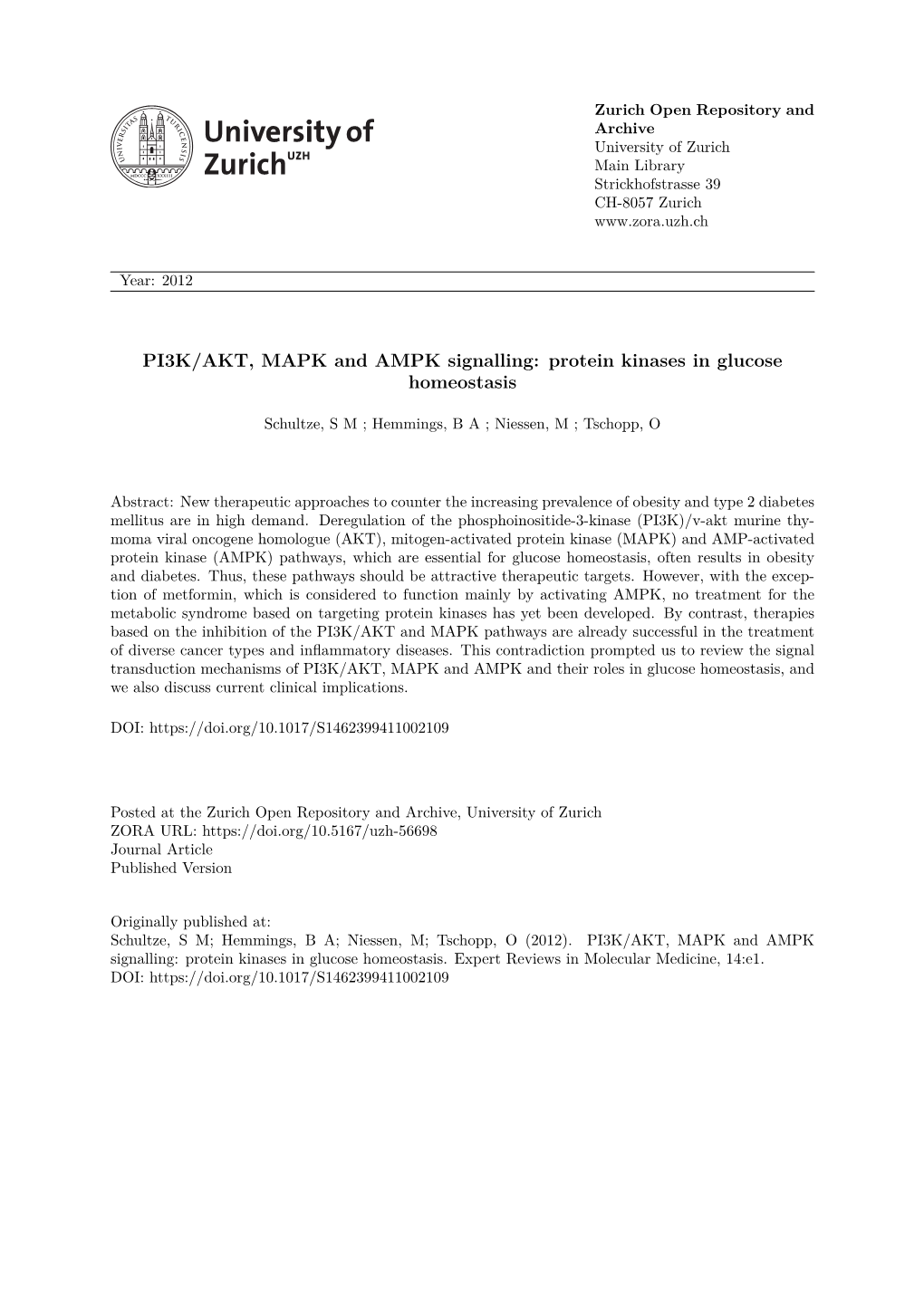 PI3K/AKT, MAPK and AMPK Signalling: Protein Kinases in Glucose Homeostasis