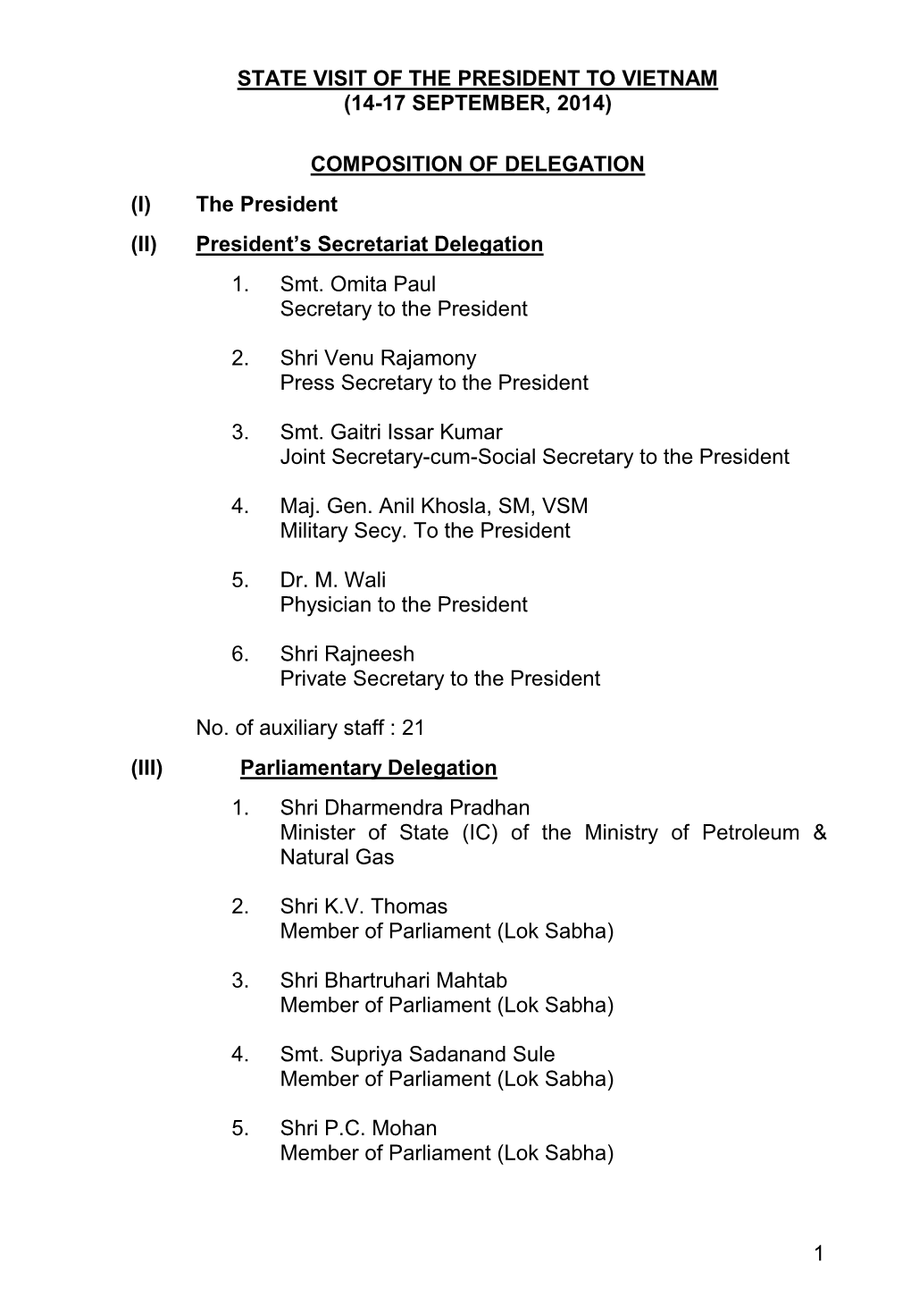 COMPOSITION of DELEGATION (I) the President (II) President’S Secretariat Delegation 1