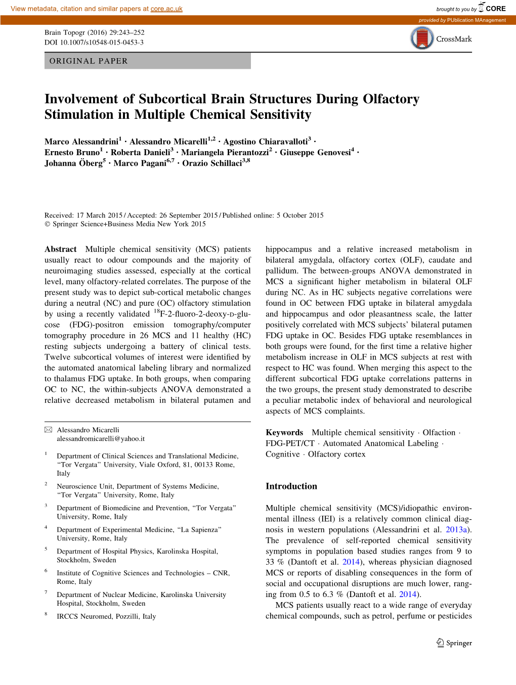 Involvement of Subcortical Brain Structures During Olfactory Stimulation in Multiple Chemical Sensitivity