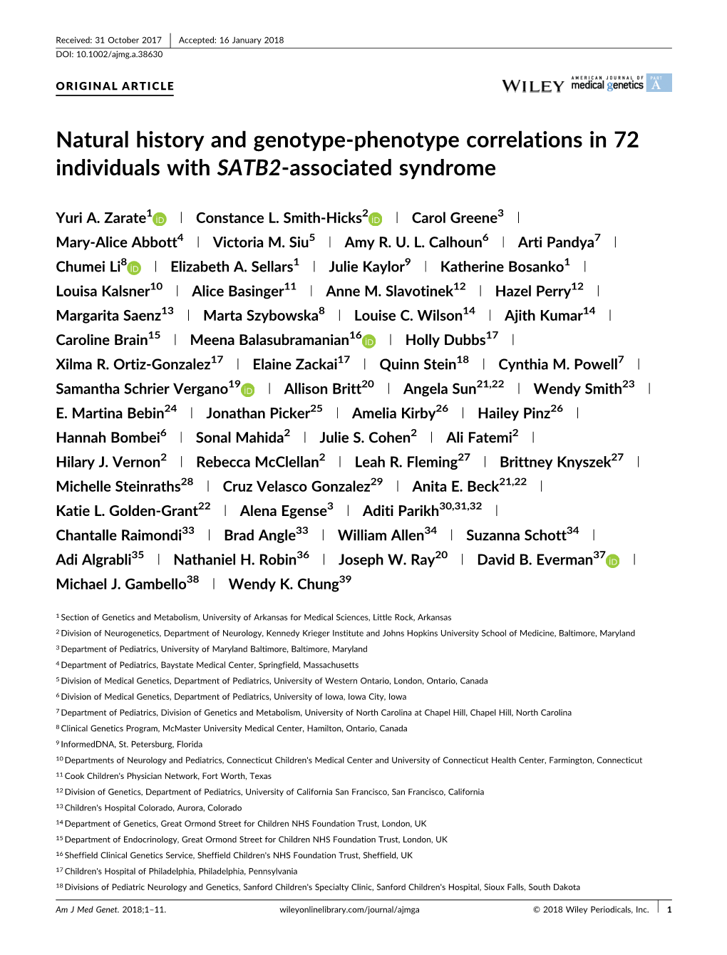 Natural History and Genotype-Phenotype Correlations in 72 Individuals with SATB2-Associated Syndrome