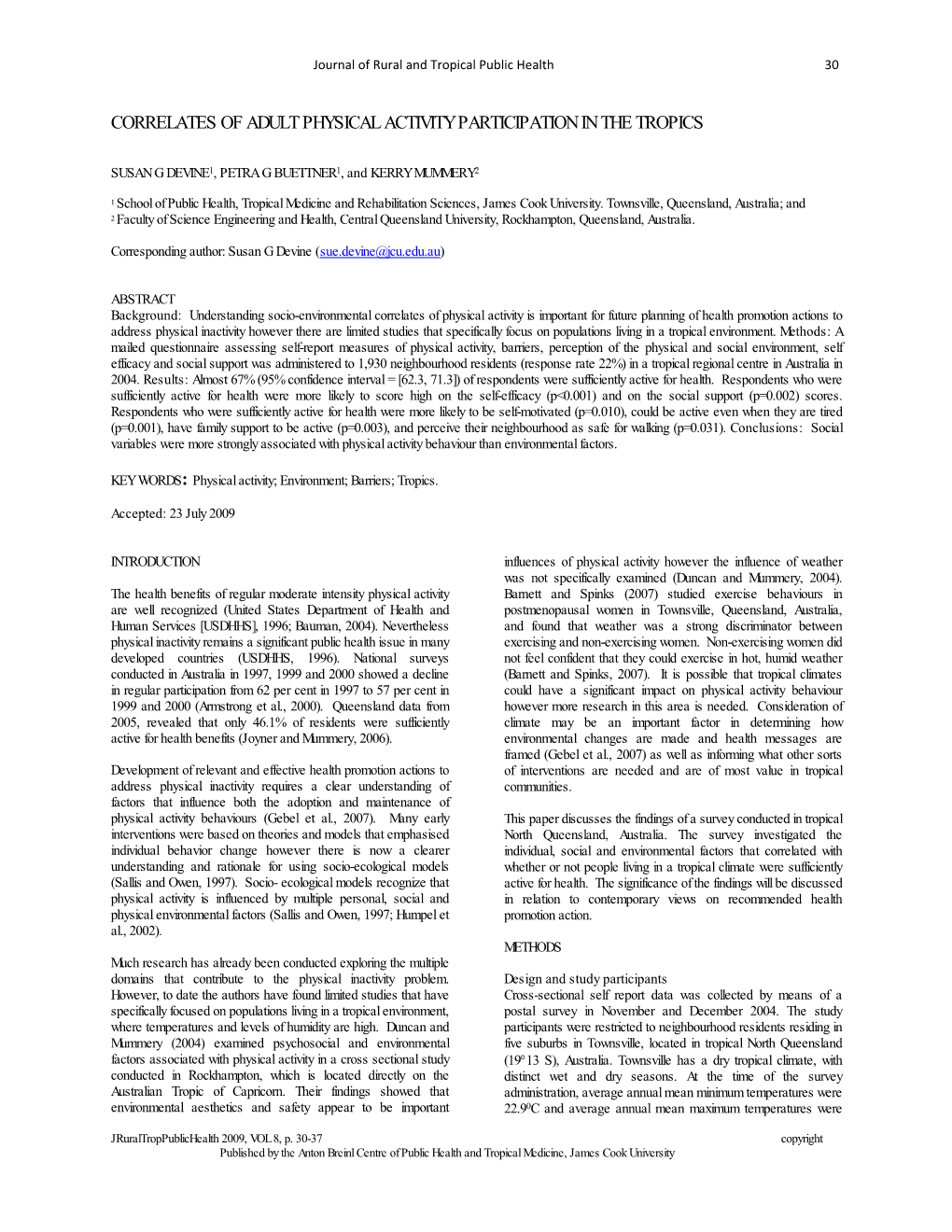 Correlates of Adult Physical Activity Participation in the Tropics