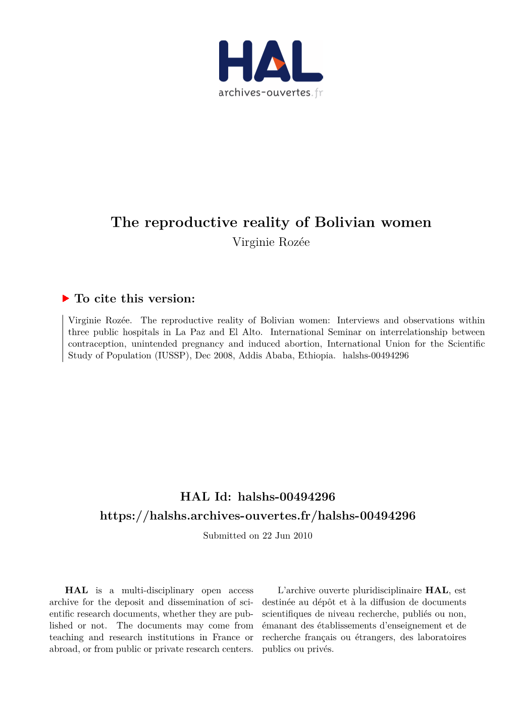 The Reproductive Reality of Bolivian Women Virginie Rozée
