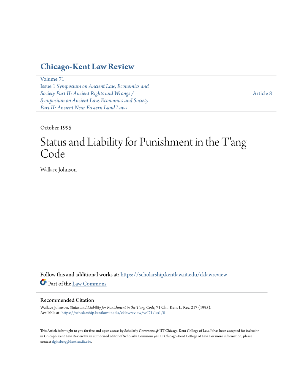 Status and Liability for Punishment in the T'ang Code Wallace Johnson