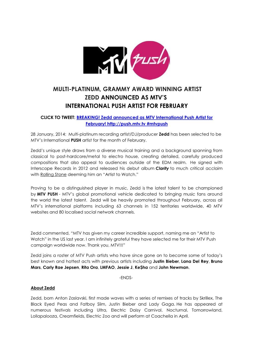 Multi-Platinum, Grammy Award Winning Artist Zedd Announced As Mtv’S International Push Artist for February