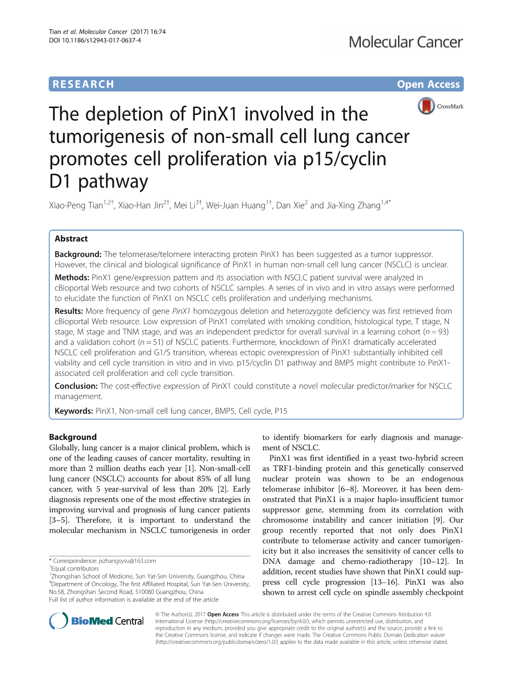 The Depletion of Pinx1 Involved in the Tumorigenesis of Non-Small Cell