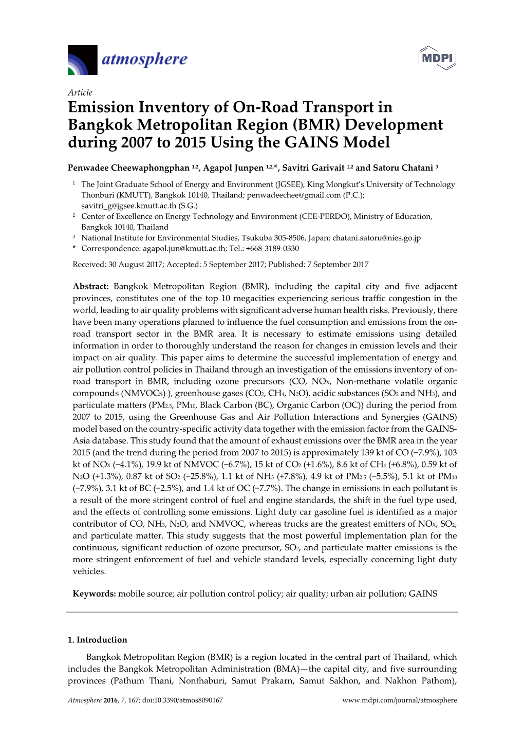 Emission Inventory of On-Road Transport in Bangkok Metropolitan Region (BMR) Development During 2007 to 2015 Using the GAINS Model