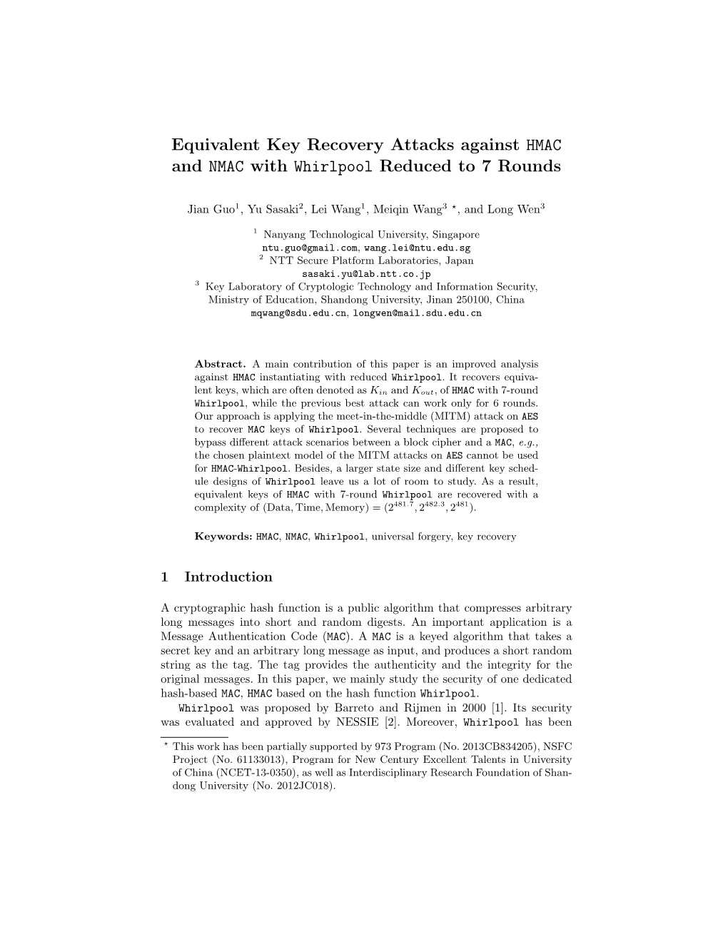 Equivalent Key Recovery Attacks Against HMAC and NMAC with Whirlpool Reduced to 7 Rounds