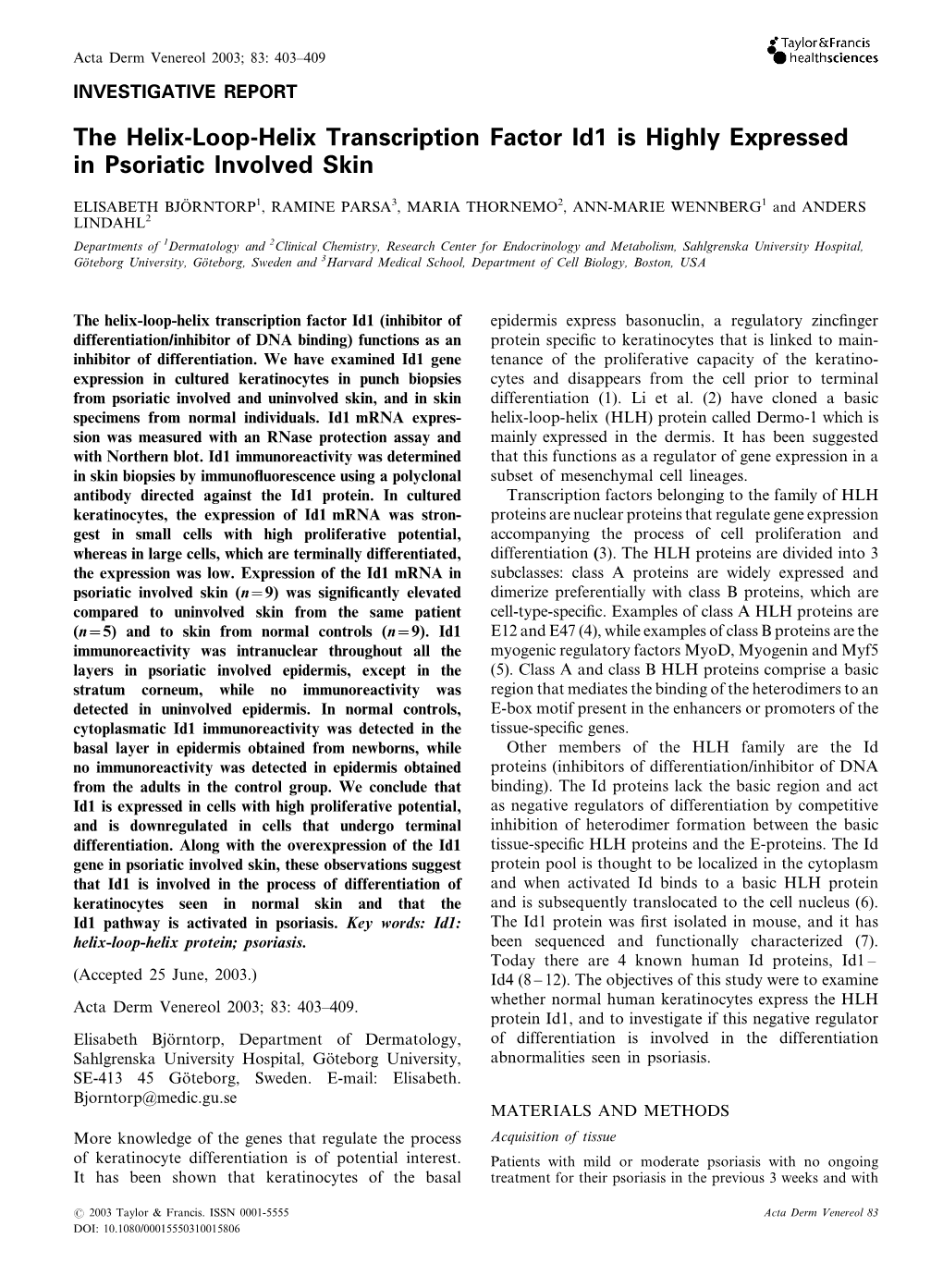 The Helix-Loop-Helix Transcription Factor Id1 Is Highly Expressed in Psoriatic Involved Skin