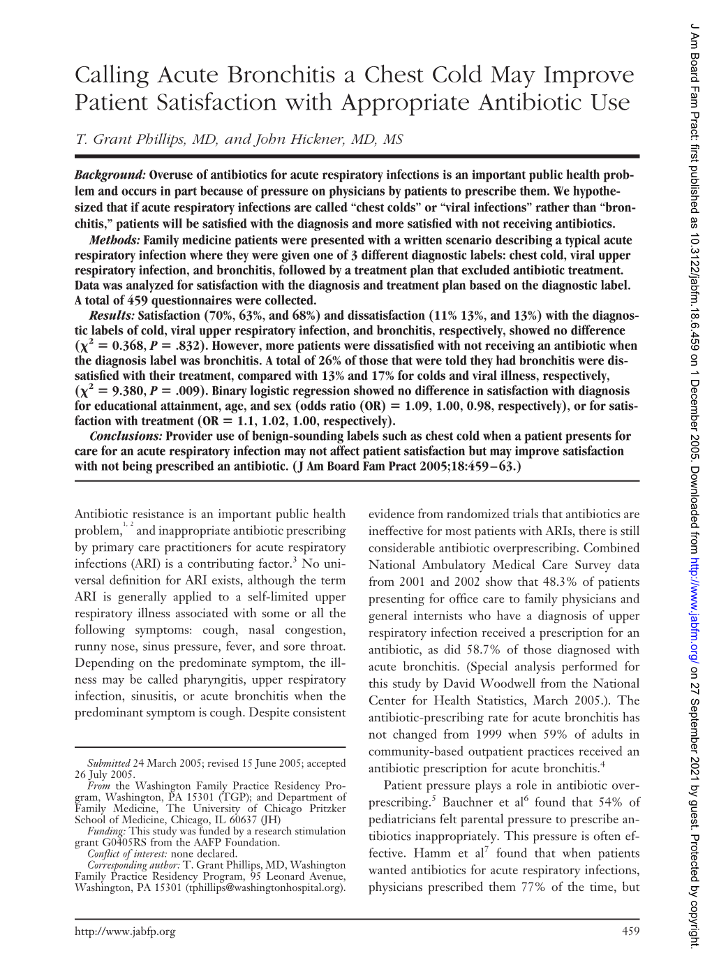 Calling Acute Bronchitis a Chest Cold May Improve Patient Satisfaction with Appropriate Antibiotic Use