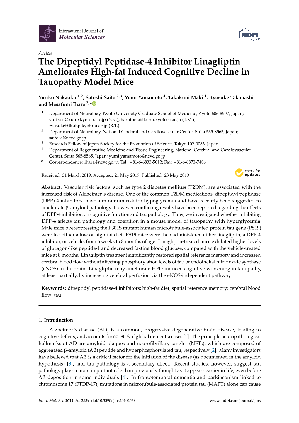 The Dipeptidyl Peptidase-4 Inhibitor Linagliptin Ameliorates High-Fat Induced Cognitive Decline in Tauopathy Model Mice