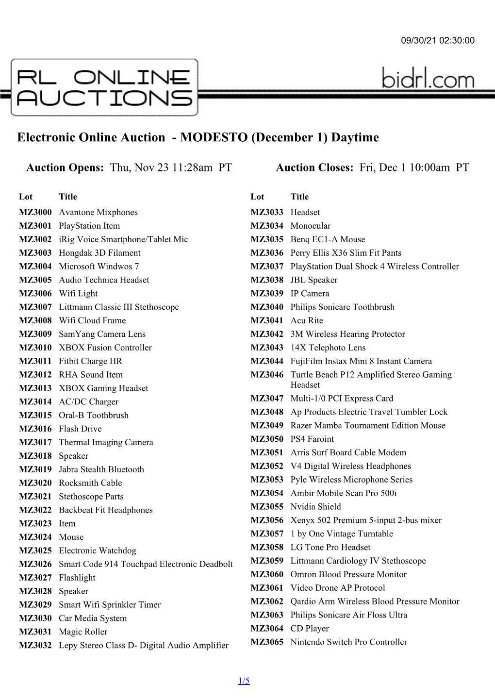 Electronic Online Auction - MODESTO (December 1) Daytime