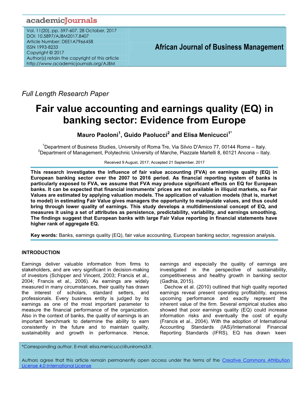 Fair Value Accounting and Earnings Quality (EQ) in Banking Sector: Evidence from Europe