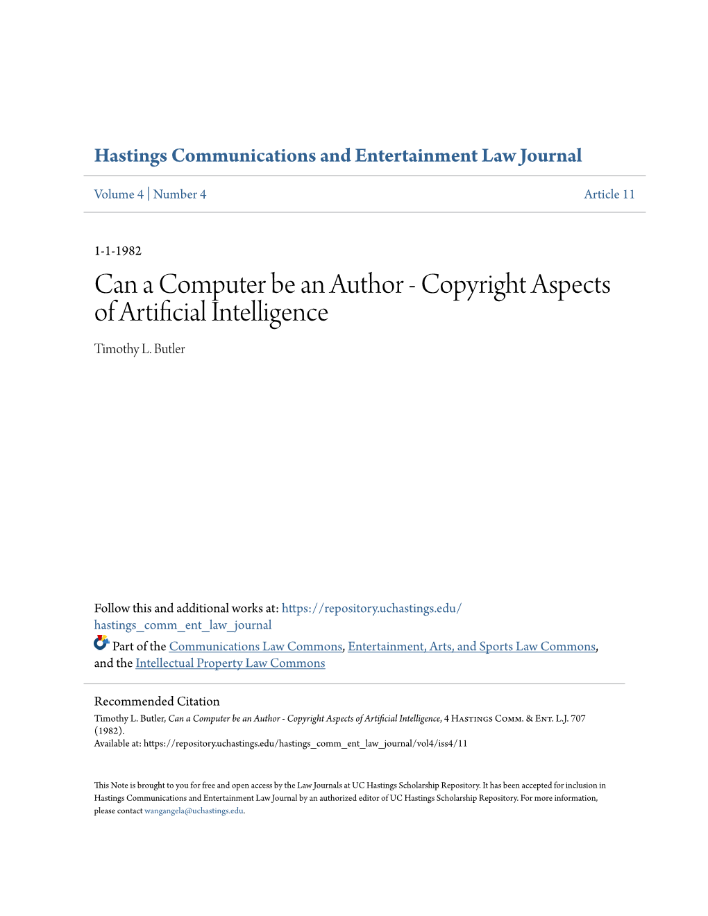 Can a Computer Be an Author - Copyright Aspects of Artificial Intelligence Timothy L