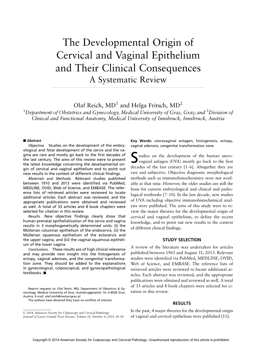 The Developmental Origin of Cervical and Vaginal Epithelium and Their Clinical Consequences a Systematic Review