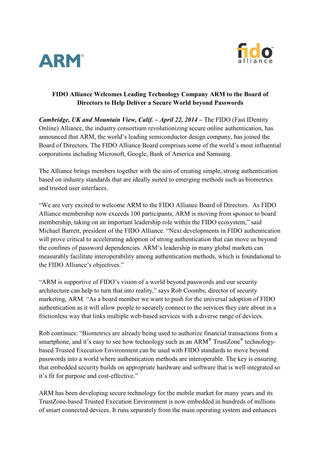 FIDO Alliance Welcomes Leading Technology Company ARM to the Board of Directors to Help Deliver a Secure World Beyond Passwords