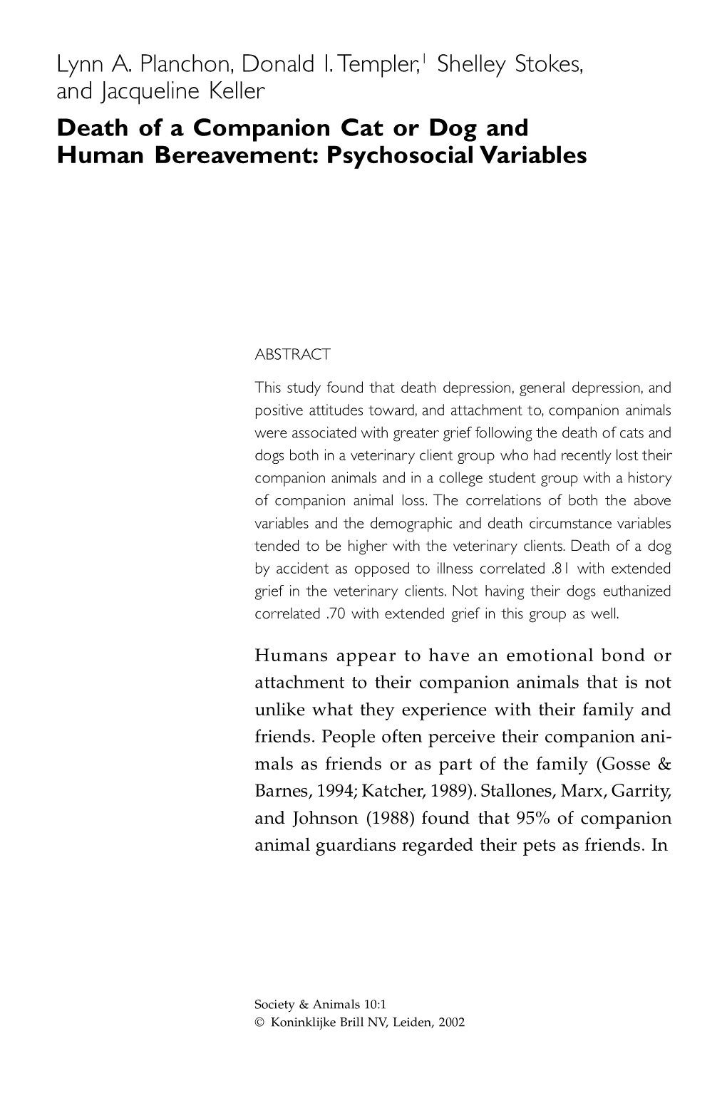 Death of a Companion Cat Or Dog and Human Bereavement: Psychosocial Variables